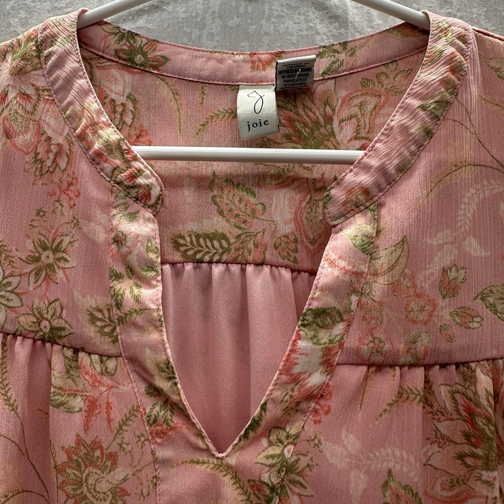 Joie Boho Floral Blouse Women Size M Pink Tie Neck Smocked Cuffs - Picture 10 of 12